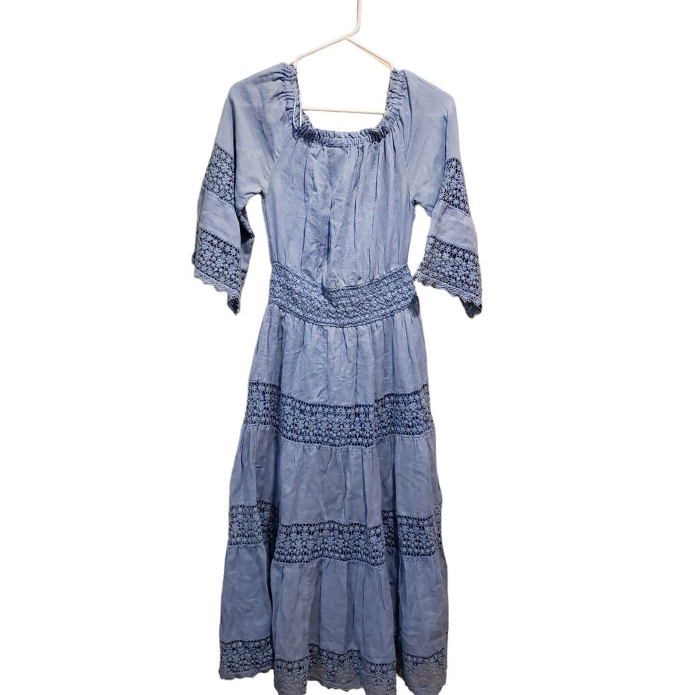 Soft Surroundings Off Shoulder Maxi Peasant Dress Size PX-Smal Blue Cottage Core